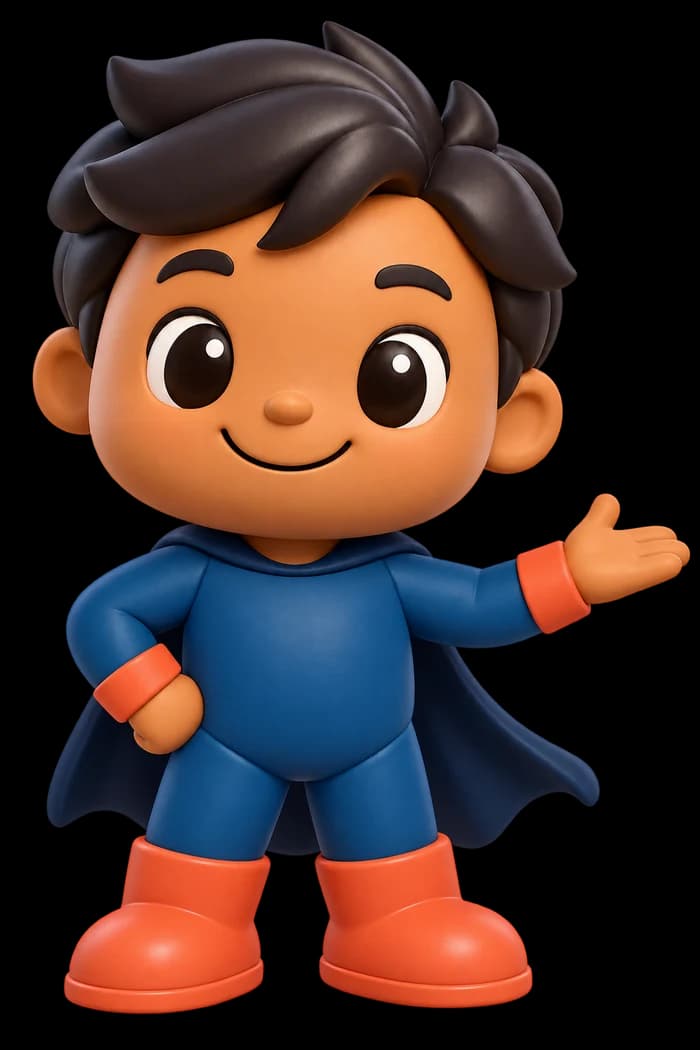 Bonequinho mascote da CavalcanteCloud apresentando os diferenciais com a mão aberta