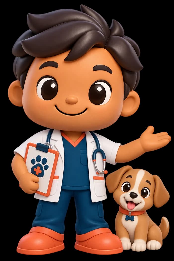 Mascote CavalcanteCloud vestido de veterinário com um cachorrinho