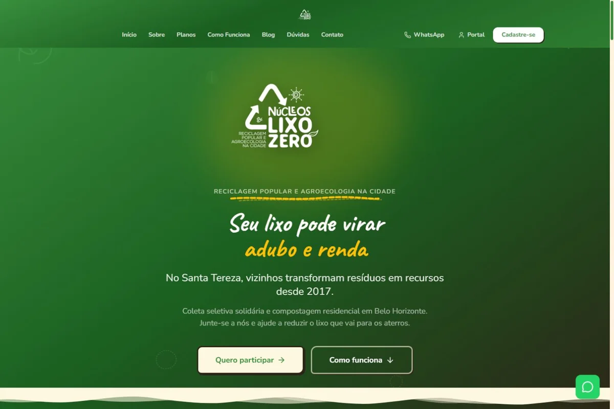 Página inicial do site Núcleos Lixo Zero