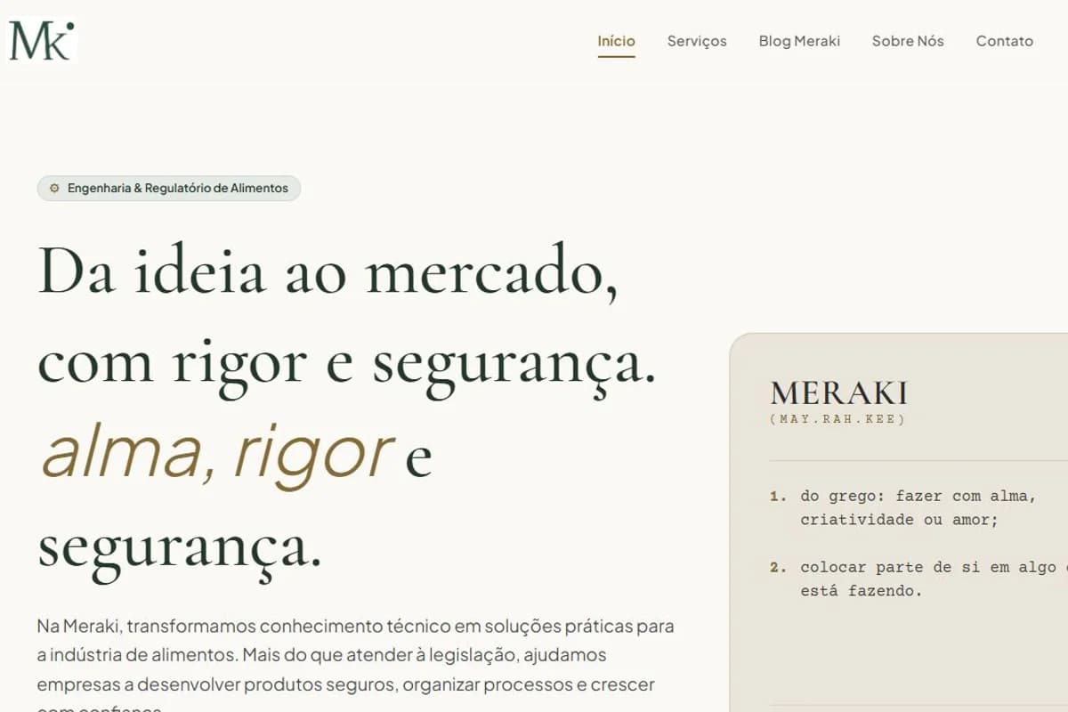 Página inicial do site Meraki Consultoria de Alimentos